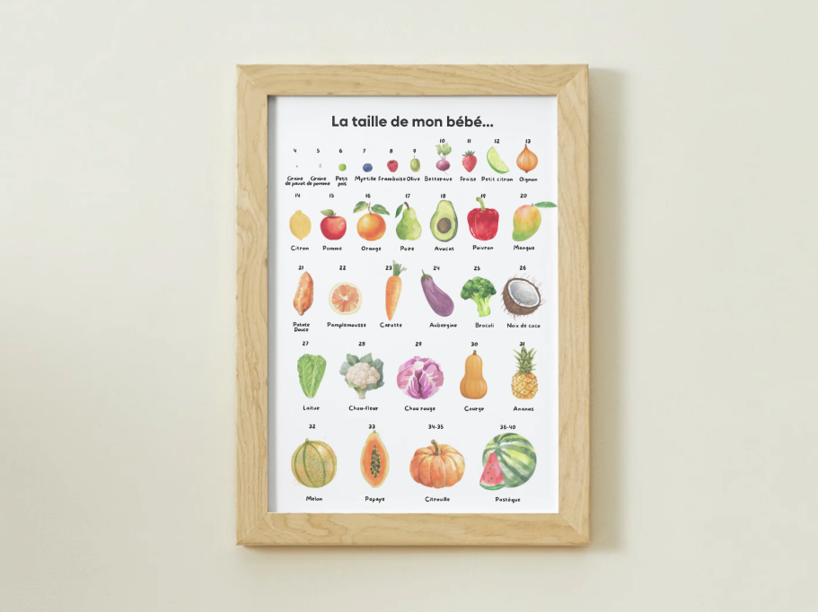 Affiche représentant la taille du bébé en fruit.