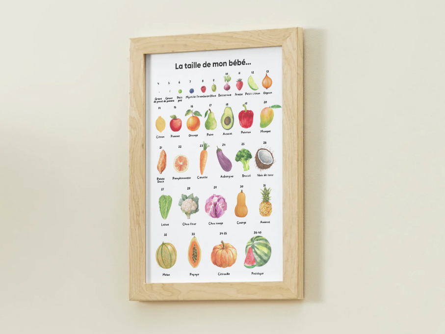 Affiche représentant la taille du bébé en fruit.